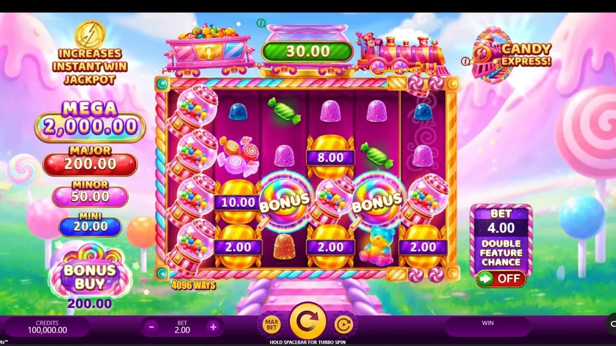 Candy Express Gold Blitz slot machine interface with candy theme