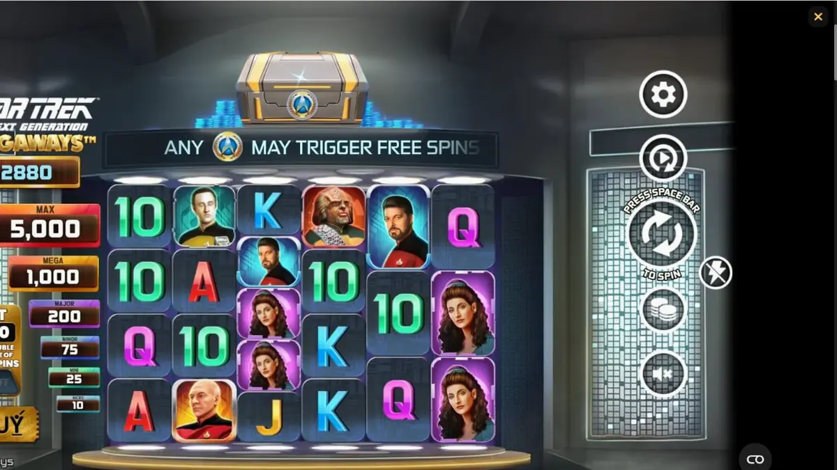 ภาพกราฟิกยาน USS Enterprise-D บนหน้าจอเกมสล็อต Star Trek: The Next Generation Megaways