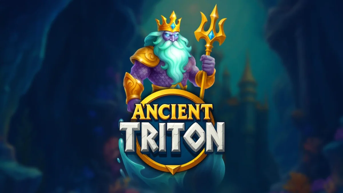 หน้าจอเกมสล็อต Ancient Triton พร้อมภาพเทพเจ้าและสมบัติใต้ทะเล