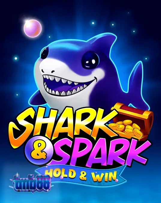 ฉากการเล่นเกมสล็อต Shark & Spark Hold & Win ที่มีตัวละครฉลามน้อยแสนน่ารัก