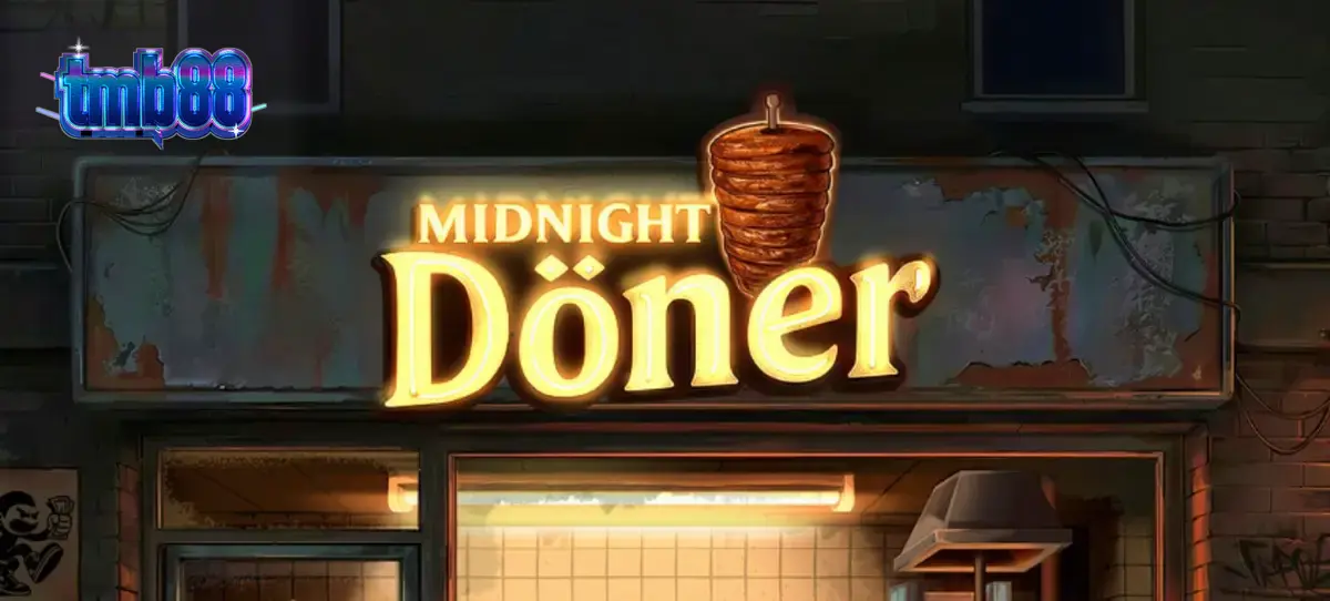 ภาพหน้าจอของเกมสล็อต Midnight Doner แสดงร้านเคบับยามค่ำคืนที่มีวงล้อเต็มไปด้วยวัตถุดิบสดใหม่และขวดซอส